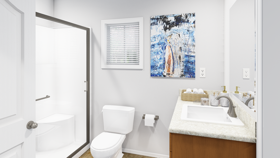 The K1656A Guest Bathroom. This Manufactured Mobile Home features 2 bedrooms and 1 bath.