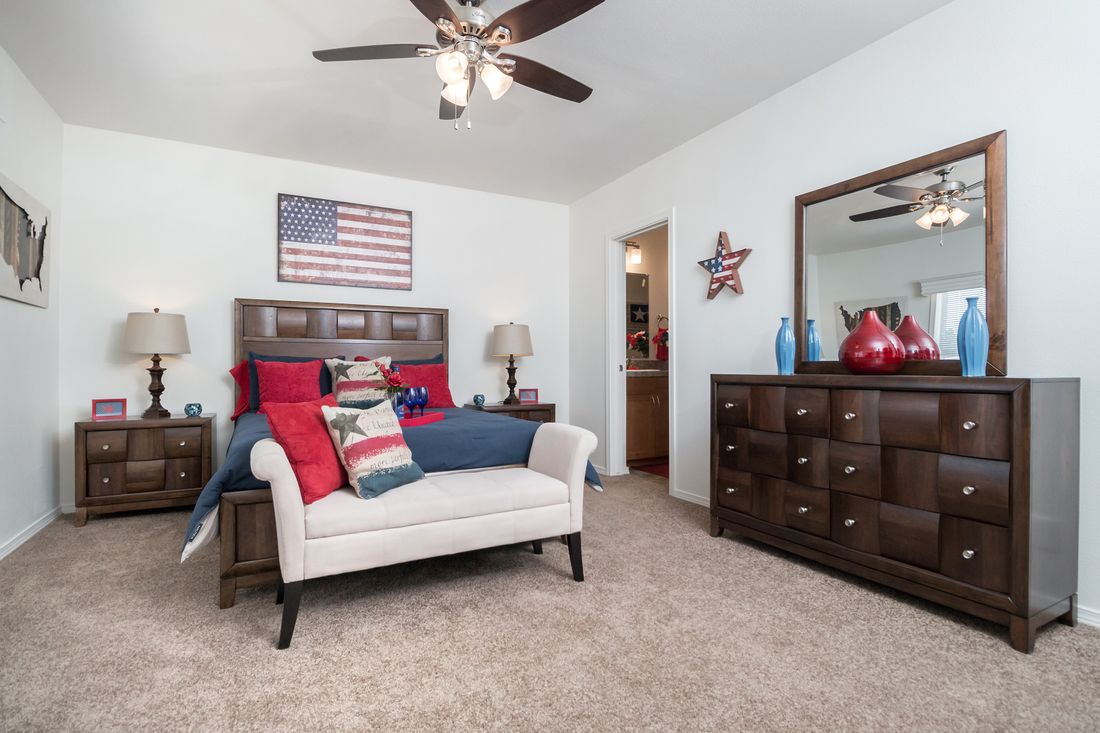 The K2760A Primary Bedroom. This Manufactured Mobile Home features 3 bedrooms and 2 baths.